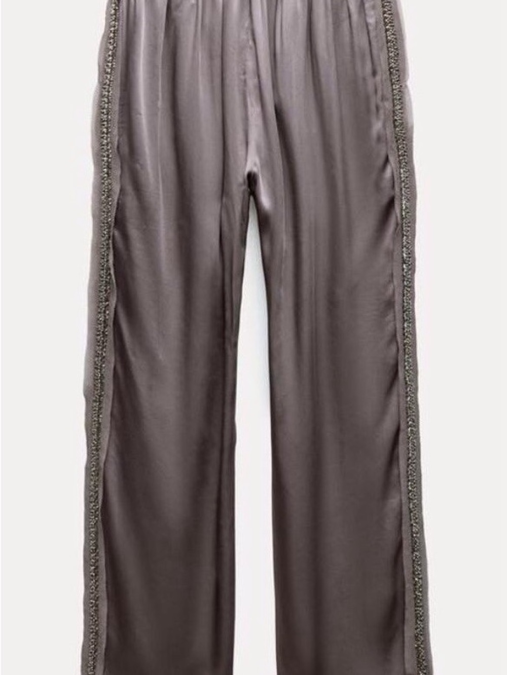 Zara Satin Wide-Leg Pants with Beaded Side Trim — Taupe Gray